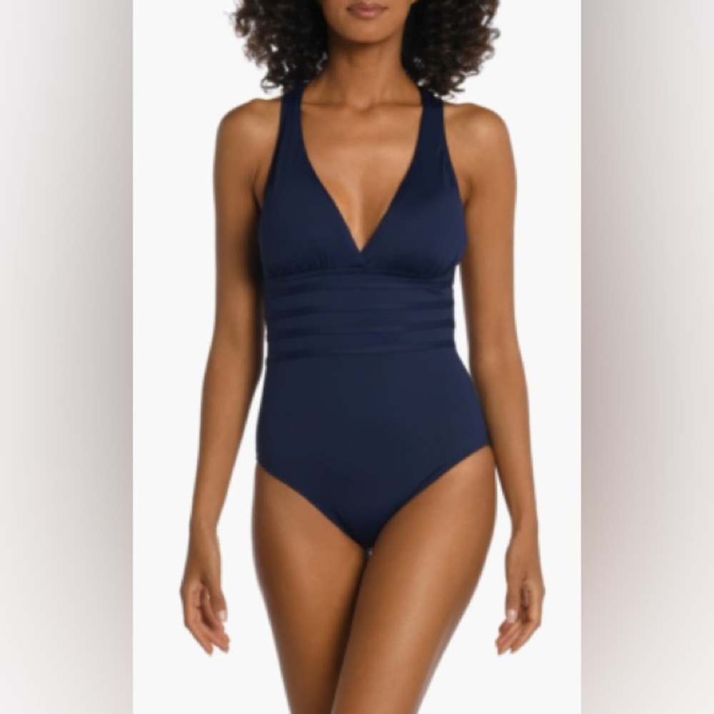 La Blanca Navy Blue V-Neck One-Piece Swimsuit